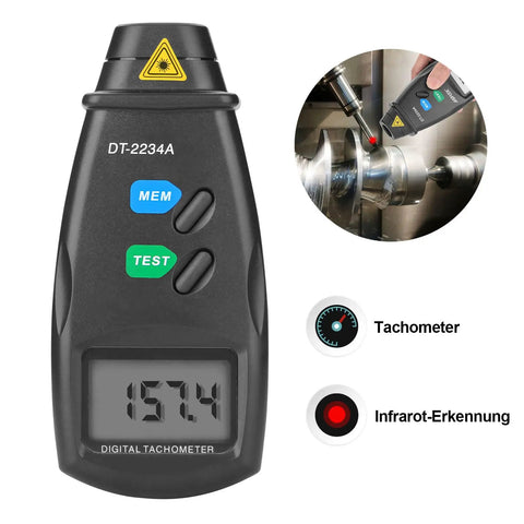 Must Have Non Contact Digital Tachometer RPM Meter With Infrared Readings 2.5 To 99,999 RPM Ultra Accurate 0.05 RPM Large LCD Display Memory Min Max Batteries Included 4 Pack Reflective Tape Revision Guide