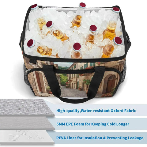Insulated Picnic Backpack Tote Bag 30L Large Capacity Italy Street design filled with ice and bottles, waterproof and leakproof.