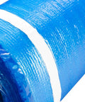Game Changing 3in1 Vapor Barrier Flooring Underlayment With Pre Attached Tape rolls out, showing blue surface and white tape.