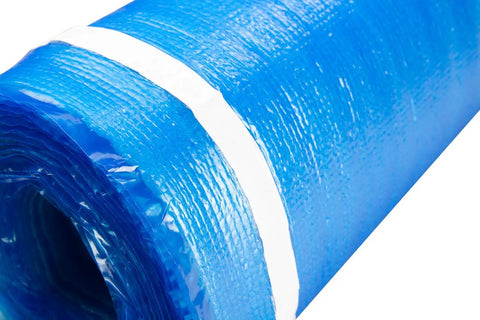 Game Changing 3in1 Vapor Barrier Flooring Underlayment With Pre Attached Tape rolls out, showing blue surface and white tape.