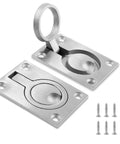 Two Pack Marine Boat Ring Hatch Pull Handle, Flush Mount Recessed Trap Door Pulls, 316 Stainless Steel, with screws, overhead view.