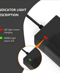 UL Listed 42V 2A Replacement Electric Scooter Charger with LED charging indicators, showing red and green lights for 36V Li Ion Batteries.