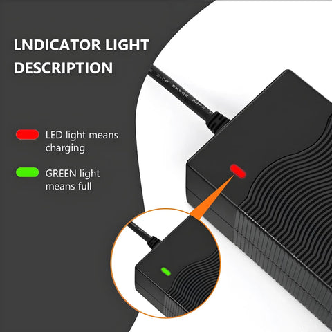 Fast 24V 2A Electric Scooter Charger LED indicator with red and green lights, showing charging status for scooters and power chairs.