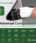 Hassle Free Level Two EV Charger 80Amp charging plug connecting to an electric vehicle outlet, showcasing universal vehicle compatibility.