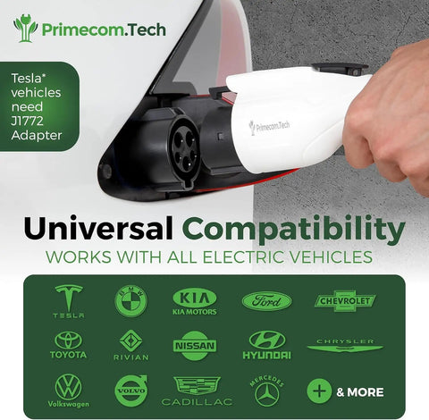 Hassle Free Level Two EV Charger 80Amp charging plug connecting to an electric vehicle outlet, showcasing universal vehicle compatibility.