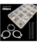 Massive 500 Piece Retaining Ring Kit 5 To 20 Mm 304 Stainless Steel External C Type Circlips displayed in organizer box