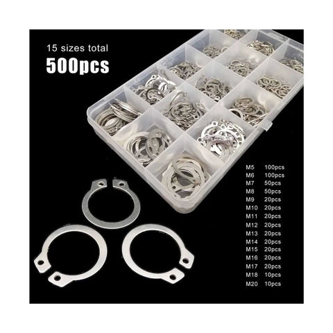 Massive 500 Piece Retaining Ring Kit 5 To 20 Mm 304 Stainless Steel External C Type Circlips displayed in organizer box