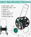 Garden Hose Reel Cart With Wheels For Outdoor Watering Holds Up To Eighty Feet Of Five Eighth Inch Hose Or One Hundred Feet Of Half Inch Hose Durable Iron Frame With Aluminum Accessories Rust Resistant Easy Roll Cart For Yard And Lawn shown with specifications