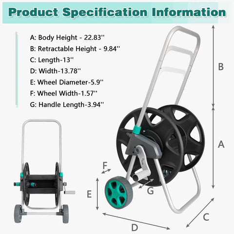 Garden Hose Reel Cart With Wheels For Outdoor Watering Holds Up To Eighty Feet Of Five Eighth Inch Hose Or One Hundred Feet Of Half Inch Hose Durable Iron Frame With Aluminum Accessories Rust Resistant Easy Roll Cart For Yard And Lawn shown with specifications