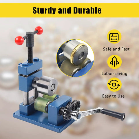 2 In 1 Jewelry Rolling Mill And Ring Bender, Adjustable Hand Crank Bracelet Forming Machine in blue, shown from front angle.