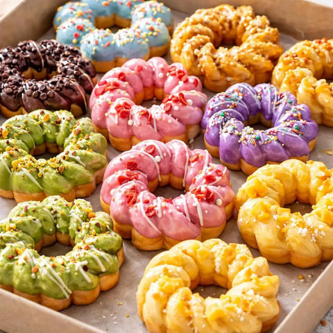 Colorful variety of donuts topped with icing and sprinkles, showcasing the result of using a Straight Up Heavy Duty French Cruller Plunger Extruder.