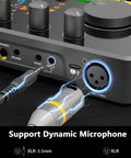 Back view of Four Microphone Podcast Studio Bundle mixer with XLR input and USB-C port visible for connecting dynamic microphones.