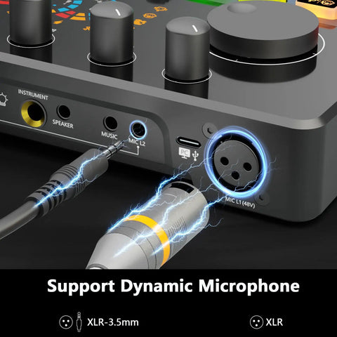 Back view of Four Microphone Podcast Studio Bundle mixer with XLR input and USB-C port visible for connecting dynamic microphones.