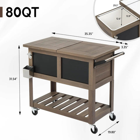 80 Qt Rolling Patio Cooler With Bottle Opener And Shelf For Backyard Hangouts And Gatherings, in Taupe Brown with Blackboard