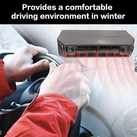 Universal 12V Under Dash Air Conditioner With Snappy Chill And Cozy Heat 10000 BTU in a car, providing heat in winter.