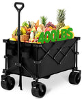 Heavy Duty Collapsible Wagon With 400 Lb Capacity For All Terrain Big Wheels Ideal For Sand Beach Camping Garden And Sports Folding Utility Cart Black filled with fruits.
