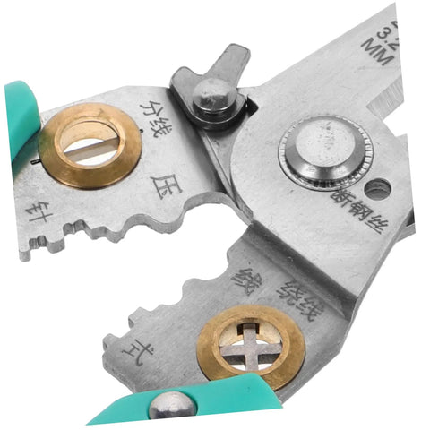 Close-up of Heavy Duty Insulated Wire Strippers Pro Grade Electrical Pliers with crimping jaws and grips for DIY use.