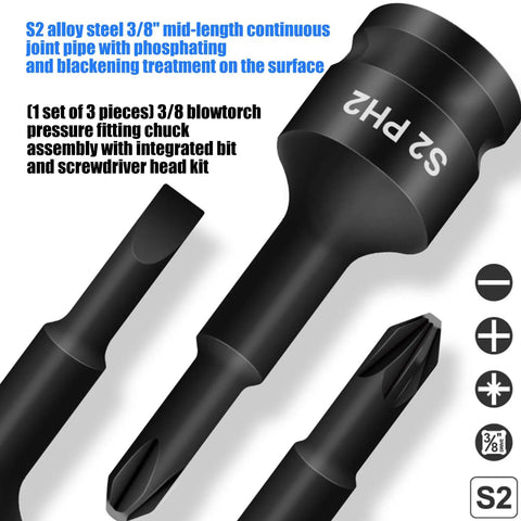 Heavy Duty Integrated Screw Tip Socket Kit With 3/8 Square Drive Featuring Chrome Steel Bodies And Versatile Bits For Home Repairs, DIY Projects And Routine Mechanical Care Services To Tackle Any Job With Ease. 3-piece S2 alloy steel 3/8 drive PH2 SL5 PZ2 bits