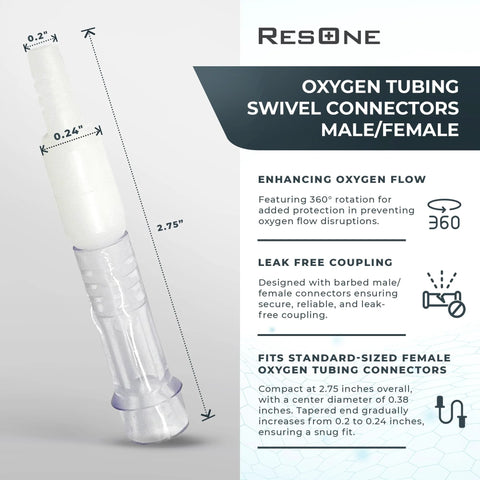 ResOne oxygen tubing swivel connectors, male/female, 10-pack, clear plastic