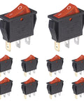 10 Piece Lighted Rocker Switch Kit On Off 3 Pin 2 Position KCD3 SPST With Lit Red Indicator 125V 20A And 250V 15A AC