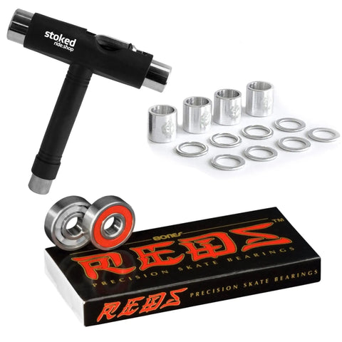 Reds Bearings 608 Set For Skateboards, Longboards, Scooters And Spinners With Dragon Spacers, Stoked Tool 8 Pack
