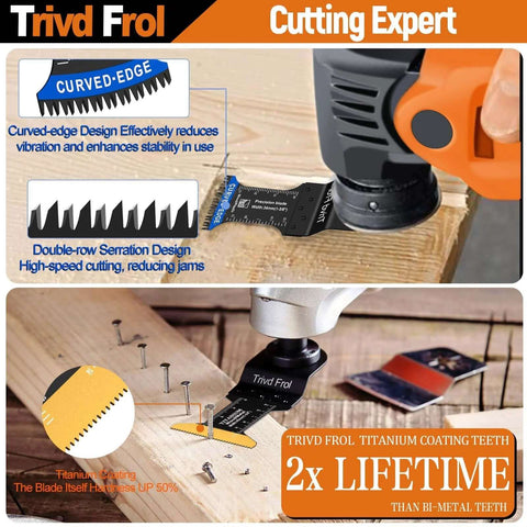 Trivd Frol 121-pack titanium-coated oscillating blades; curved-edge design for wood/metal/plastic, shown cutting wood