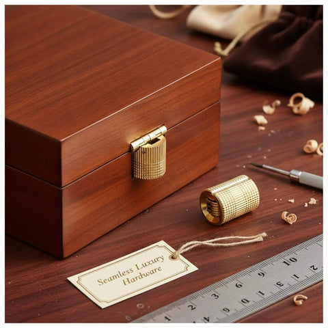 Wooden jewelry box with hidden barrel hinge featuring zinc alloy gold finish hardware for sleek concealed mount.