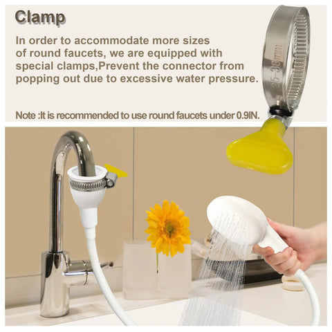 Portable Shampoo Sprayer For Round Faucets With Rubber Hose in use with sink and spray attachment detail