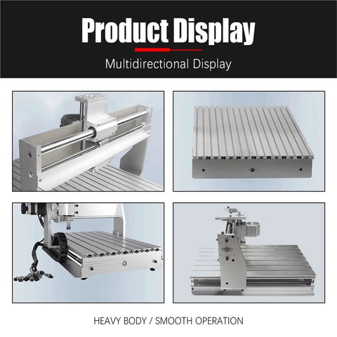Three Quarter Axis Mini CNC Router, 300mm by 200mm, aluminum body, showcasing wood engraving machine from multiple angles.
