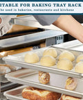 Heavy Duty Aluminum Baking Sheet Pan Set 26 By 18 Inches 6 Pack Commercial Quality Cookie Trays in bakery rack with dough