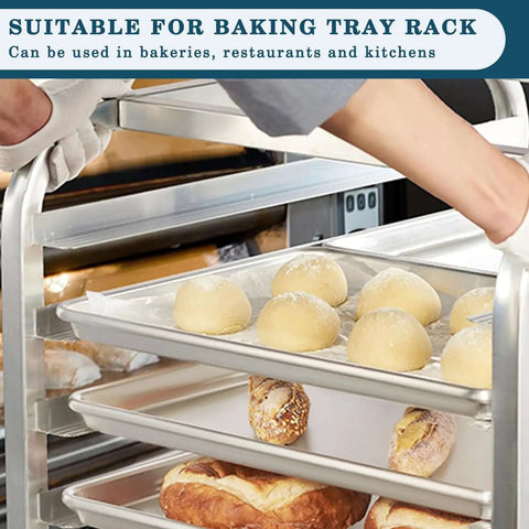 Heavy Duty Aluminum Baking Sheet Pan Set 26 By 18 Inches 6 Pack Commercial Quality Cookie Trays in bakery rack with dough