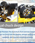 Close-up of Heavy Duty Electric Pipe Threader Machine dual chuck design ensuring secure grip for 1/2 to 2 inch pipes.