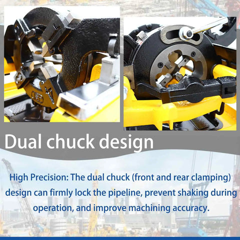Close-up of Heavy Duty Electric Pipe Threader Machine dual chuck design ensuring secure grip for 1/2 to 2 inch pipes.