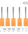 Five-piece set of Four Flute Carbide End Mill One Eighth Inch Cutting Diameter One Half Inch Cutting Length Upcut Spiral Router Bit