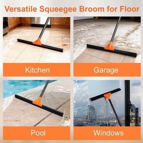 Pro Grade Heavy Duty Floor Squeegee With Long Handle, 18 Inch Rubber Blade for concrete, tile, kitchen, garage, pool, windows