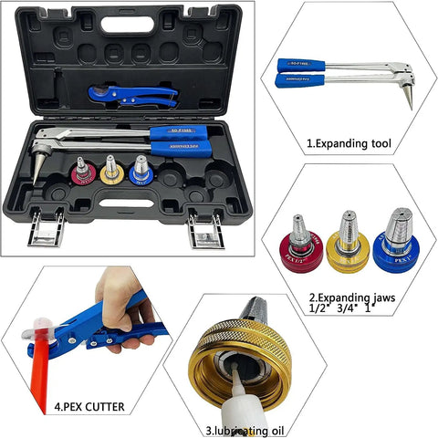 Pro-Grade PEX Pipe Expander Kit With One Half Inch, Three Quarter Inch, And One Inch Expansion Heads For ProPEX Expansion Meets ASTM F1960 Standard Chrome Plated Heads Eco-Friendly Lubricant And Durable Carry Case For Easy DIY And Pro Install