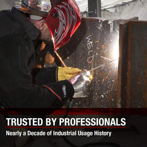 Welder wearing Heat Resistant Welding Gloves With Aluminized Reflective Top That Reflects 95 Percent Of Radiant Heat