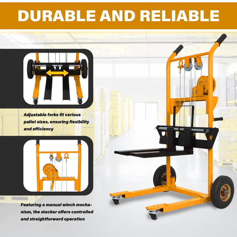 APOLLOLIFT material lift stacker, orange manual pallet jack with adjustable forks and lift plate, swivel casters