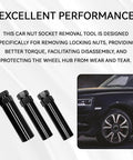 7 Spline Lug Nut Socket Set With Key For Easy Wheel Lock Removal And High Torque Fits 19mm And 21mm Nuts displayed with car wheel