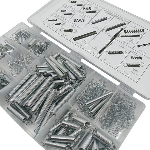 Super Cool 200 Piece Spring Assortment Kit Packed With Essential Extension Compression And Torsional Springs For Your Awesome Home DIY Hardware Projects And Repairs Today. 200-piece silver metal spring kit in a compartmented storage box