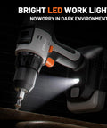 Cordless Drill Kit With Half Inch Metal Keyless Chuck, 443 Inch Pounds Torque, LED light in use on project