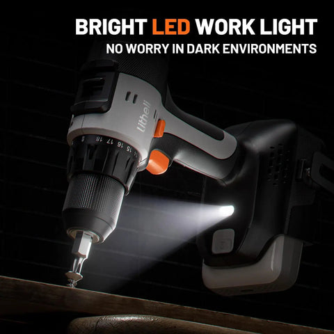 Cordless Drill Kit With Half Inch Metal Keyless Chuck, 443 Inch Pounds Torque, LED light in use on project