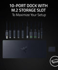 Plug And Play Thunderbolt 5 Dock With Eleven High Speed Ports And One Forty Watt Power Delivery USB C Hub For Seamless Triple Monitor Setups Ethernet Adapter SD Card Reader M Two Storage Expansion For Boss Gamers And Creators On PC Mac with multiple connected cables on a black background.