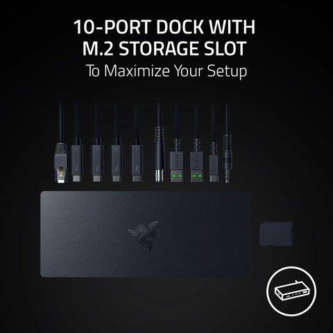 Plug And Play Thunderbolt 5 Dock With Eleven High Speed Ports And One Forty Watt Power Delivery USB C Hub For Seamless Triple Monitor Setups Ethernet Adapter SD Card Reader M Two Storage Expansion For Boss Gamers And Creators On PC Mac with multiple connected cables on a black background.