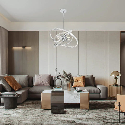 Dope Modern Crystal LED Chandelier With Four Adjustable Ring Designs in a living room, illuminating contemporary decor.