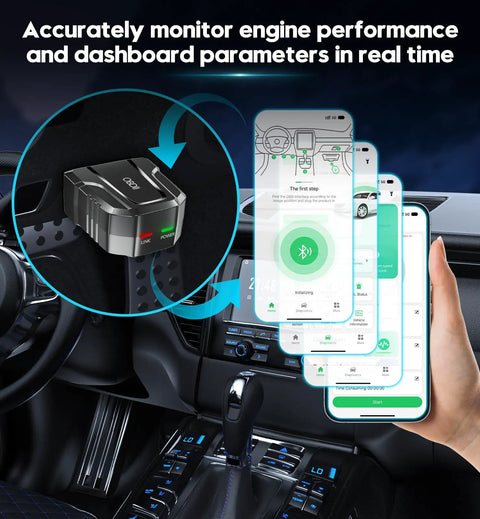 Bluetooth Wireless Car Diagnostic Tool for iOS and Android showing live data on smartphone screen in car interior.