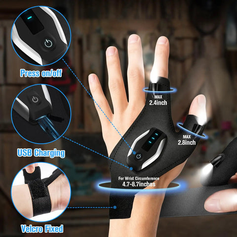 LED Flashlight Gloves For Men Dad Gift Night Work Gear With Illuminated Fingers, Camping Must Have For Him in hand detail