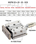 Built Tough Pm32 40 50 Pneumatic Air Cylinder Adjustable Stroke Bore Compact Guide Three Axis Rod Linear Actuator with labeled components.