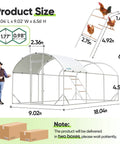 Diagram showing Essential Series 18x9x6.6ft Metal Chicken Coop Run with ladder, PVC coated wire, UV cover, and size measurements.