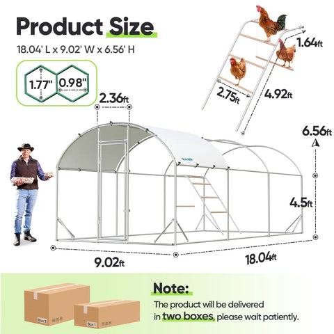 Diagram showing Essential Series 18x9x6.6ft Metal Chicken Coop Run with ladder, PVC coated wire, UV cover, and size measurements.